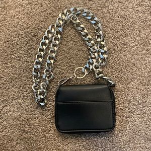 Womens Shoulder Clutch Bag Black Pleather Silver Large Chain